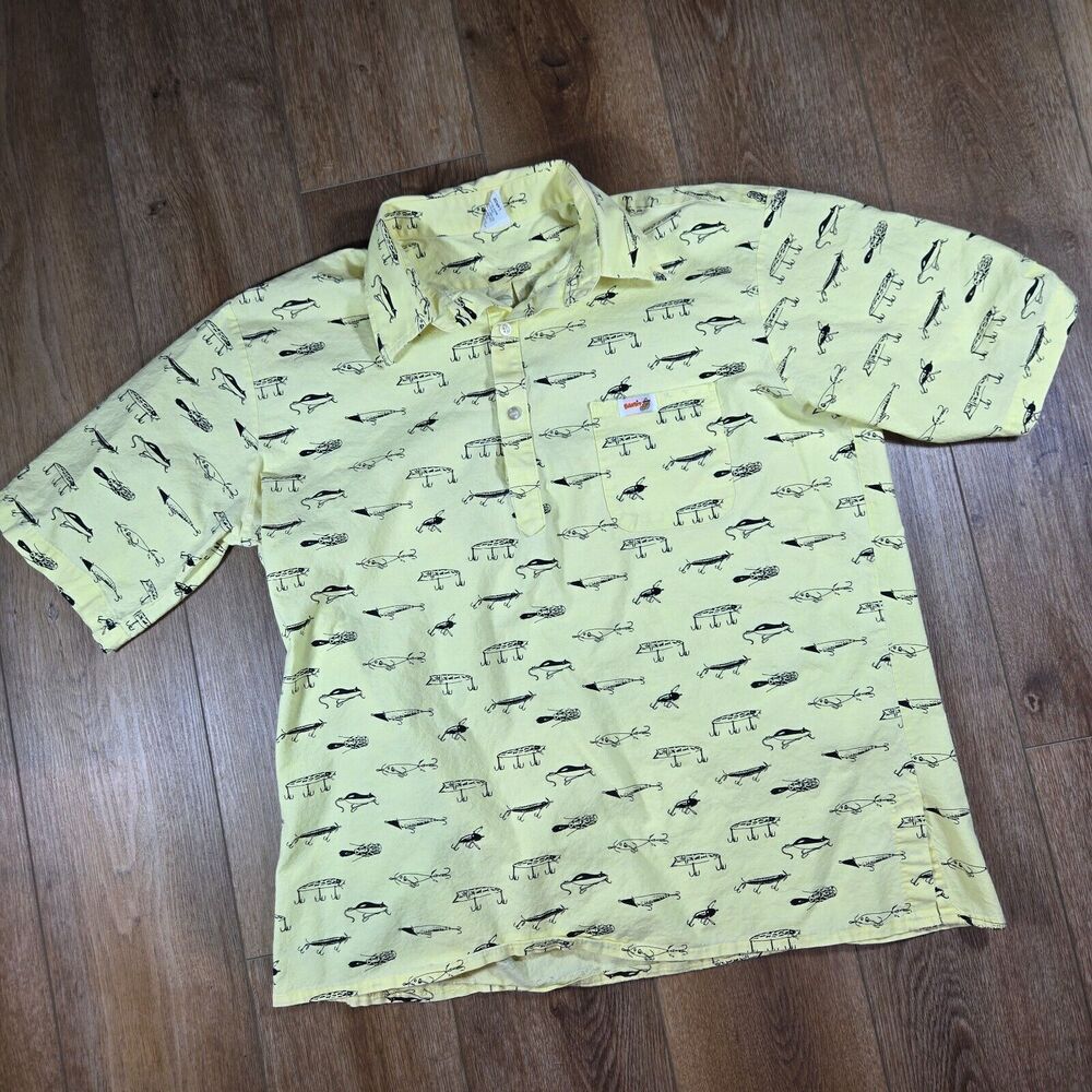Vintage 80s Bandit Outdoors Fishing Shirt Mens L Lure Print USA Made Button Up